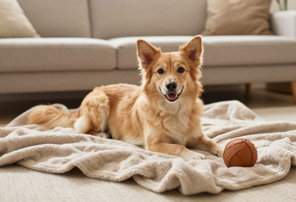 Calm dog with enrichment toys on a blanket in a cozy living room