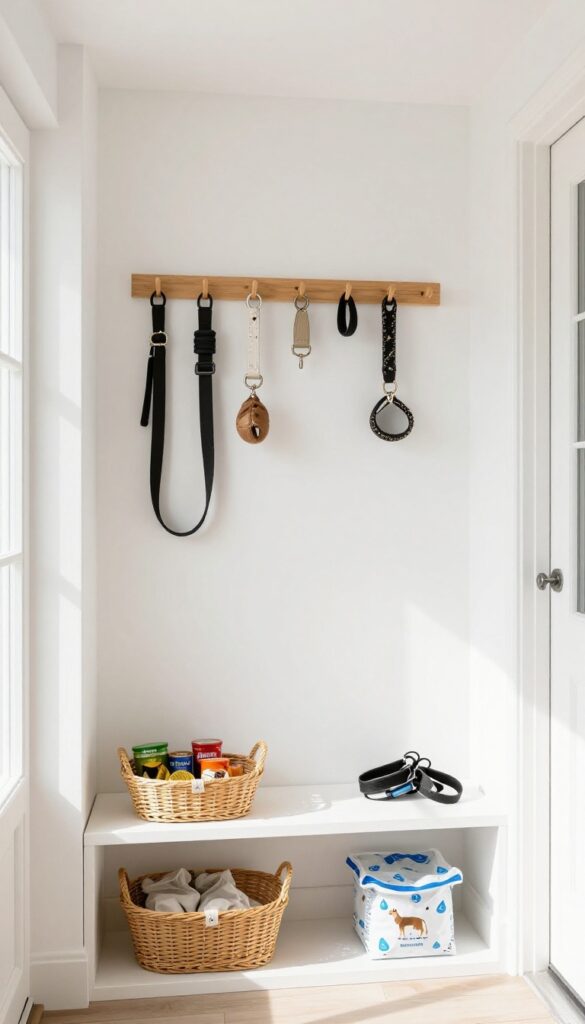 A stylish and functional leash and collar organizer in a bright entryway, with leashes and collars neatly hung on a pegboard, and a small basket for accessories.