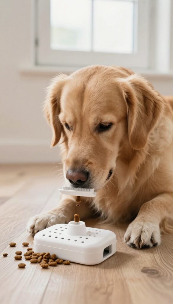 Dog rolling a PVC pipe treat dispenser on wooden floor