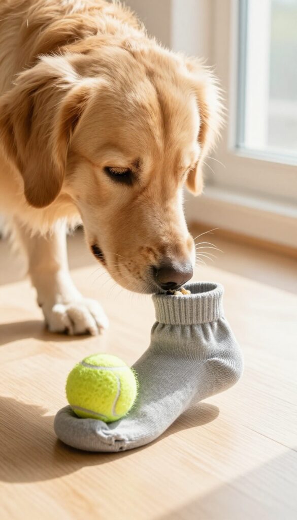 Dog sniffing a sock ball toy with treats on a wooden floor