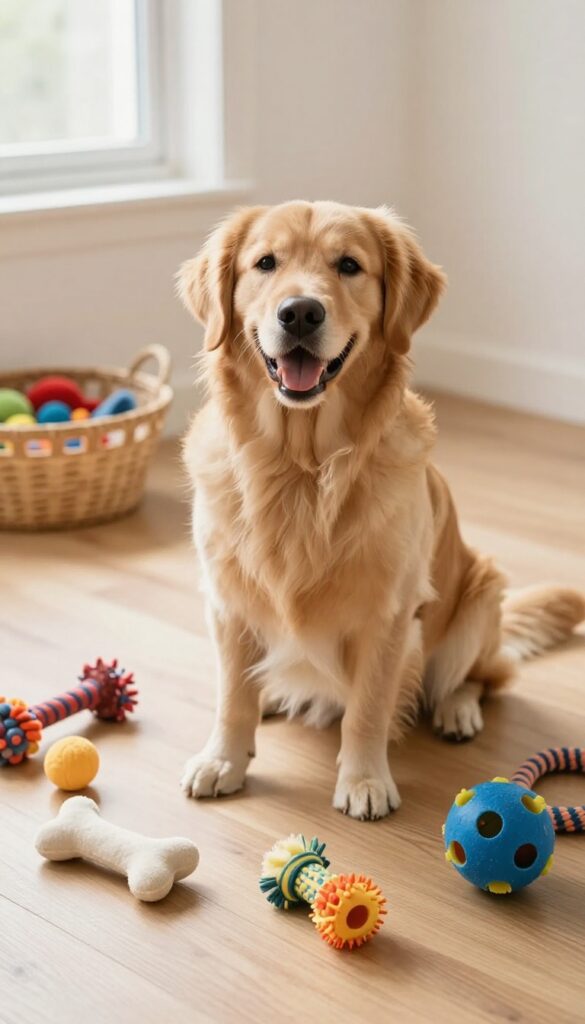 A golden retriever sitting on a wooden floor next to a basket of colorful dog toys.