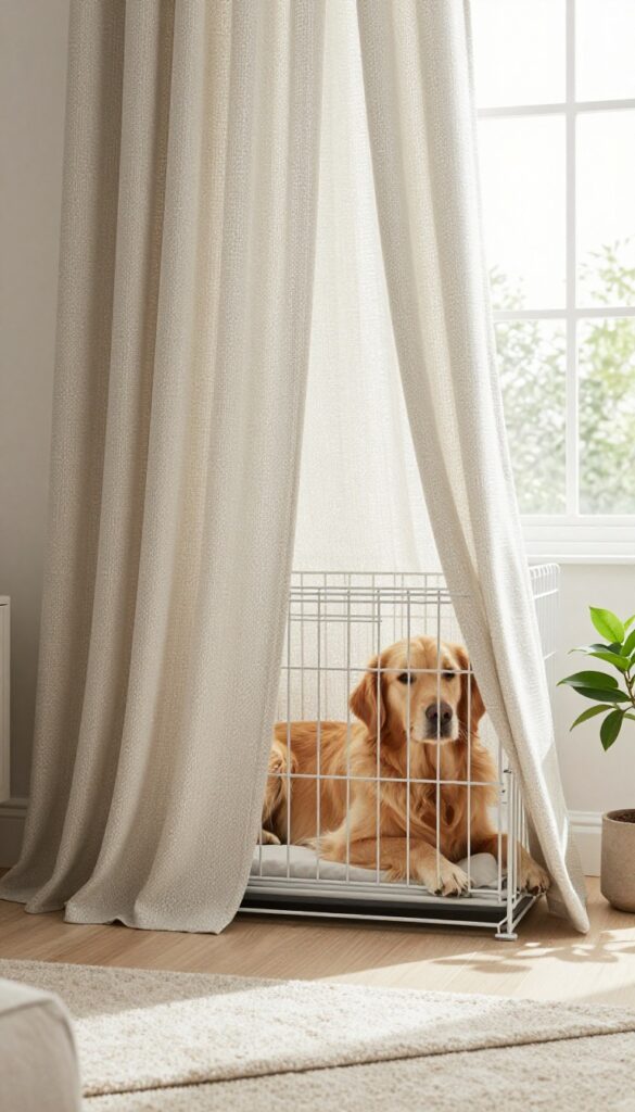 Dog crate with a curtain cover blending into a living room decor