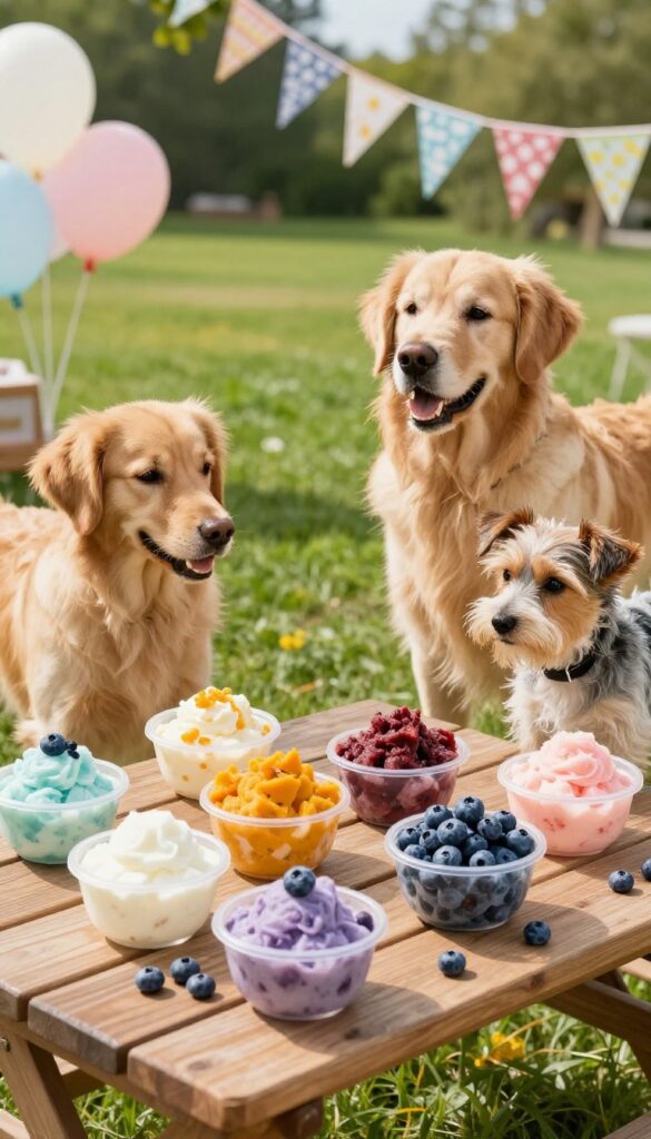 DIY frozen treat bar for dogs at a party with ice cube trays and bowls of frozen yogurt treats, two dogs choosing snacks on a wooden table.