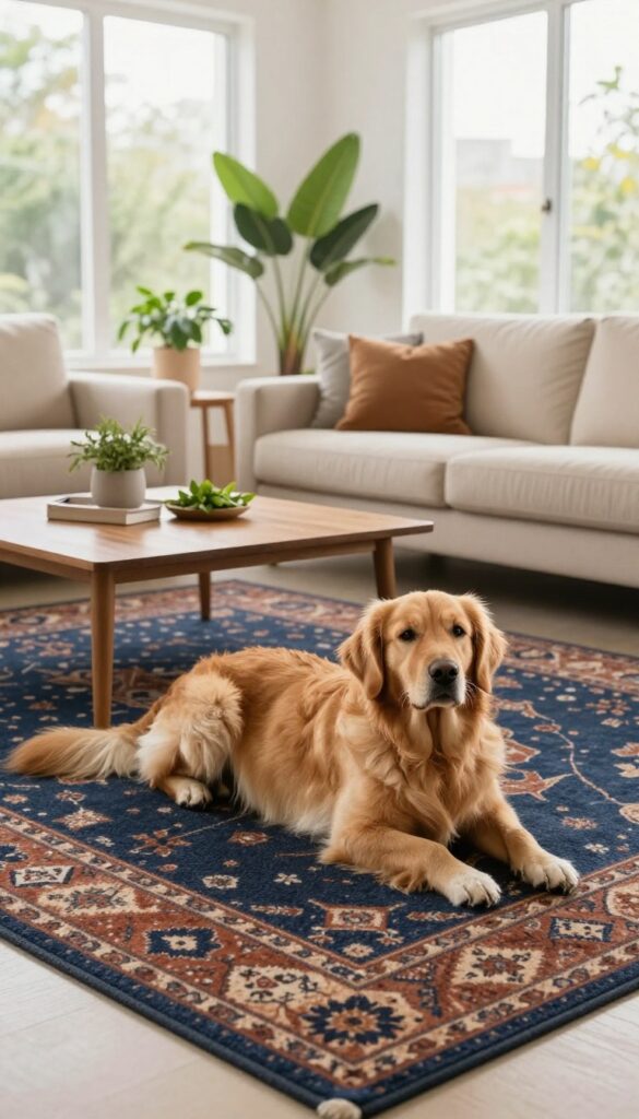 A dog resting on a stylish, easy-to-clean low-pile rug in a bright living room, showcasing a dog-friendly home design.