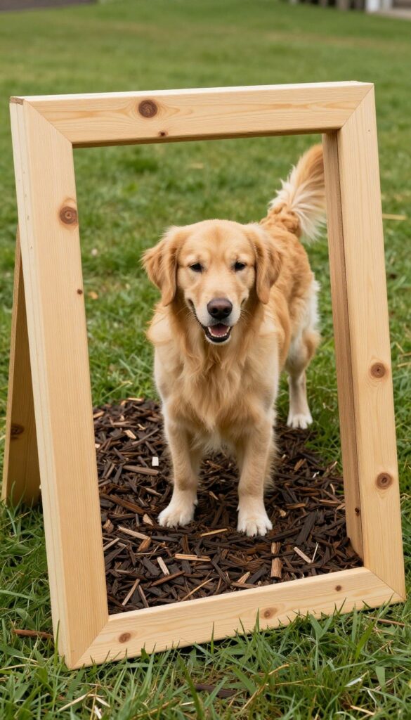 Dog standing on cedar mulch in a wooden potty bed frame in a sunny backyard