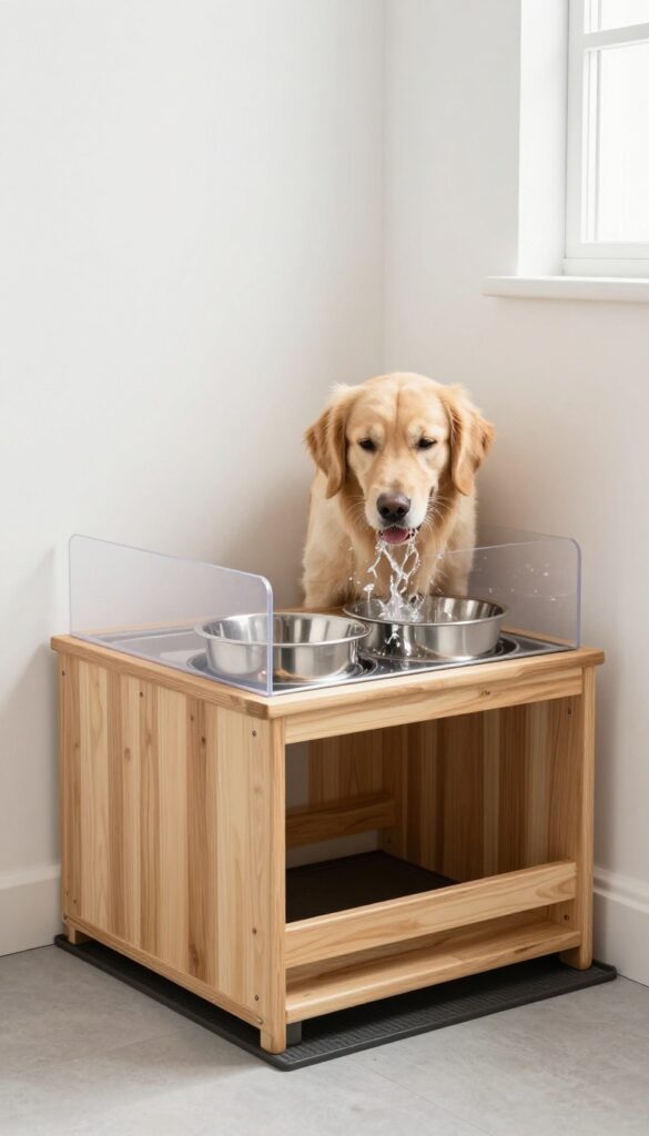 Elevated feeding station with splash guard in a mud room, dog drinking from bowl
