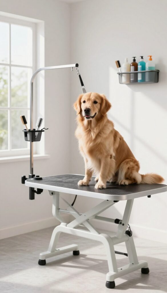 A wall-mounted fold-out grooming table in a bright dog room, with grooming tools organized nearby, and a woman brushing a golden retriever on the table.