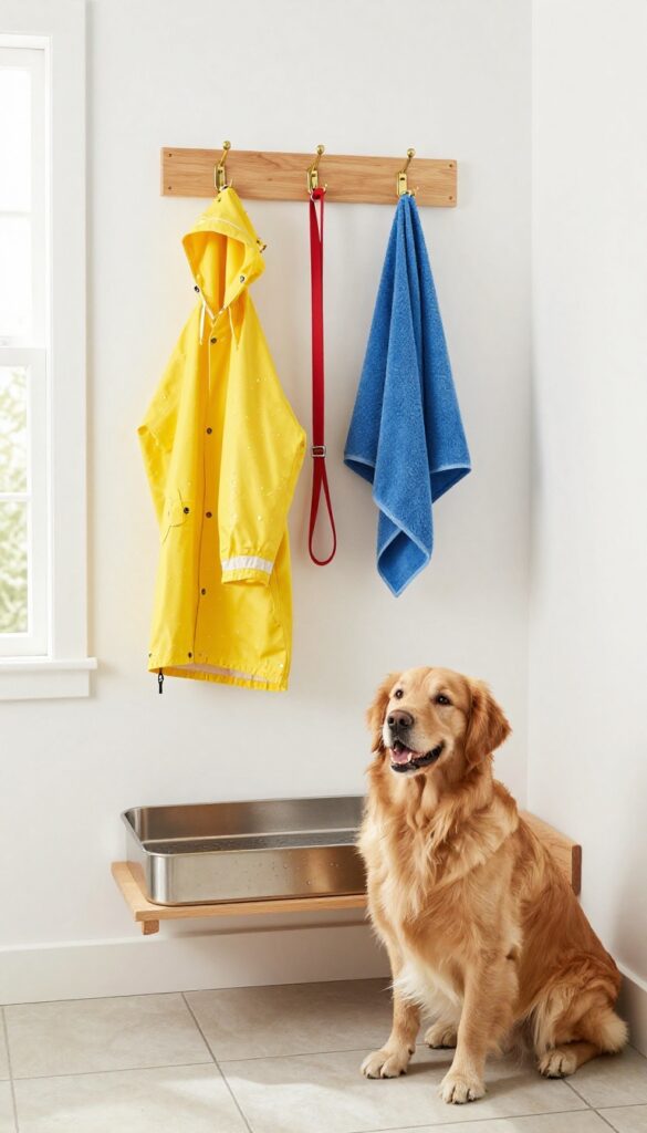 Wall-mounted drying station in a mudroom with hooks for wet dog gear and a drip tray