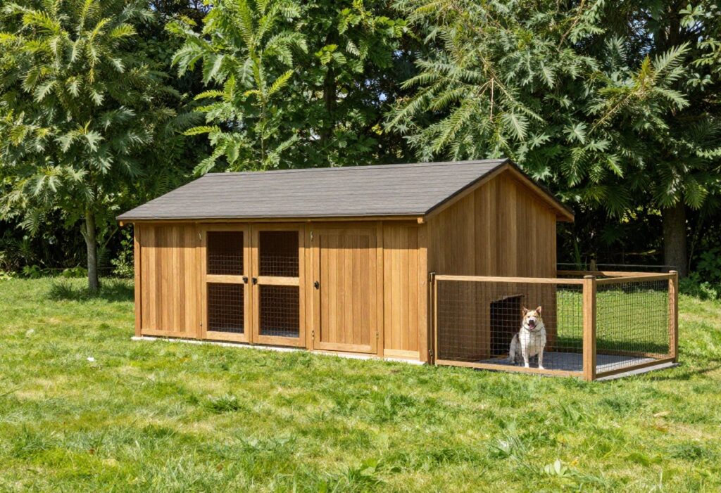 A wooden dog kennel shed in a backyard with a fenced run and a dog sitting by the entrance.