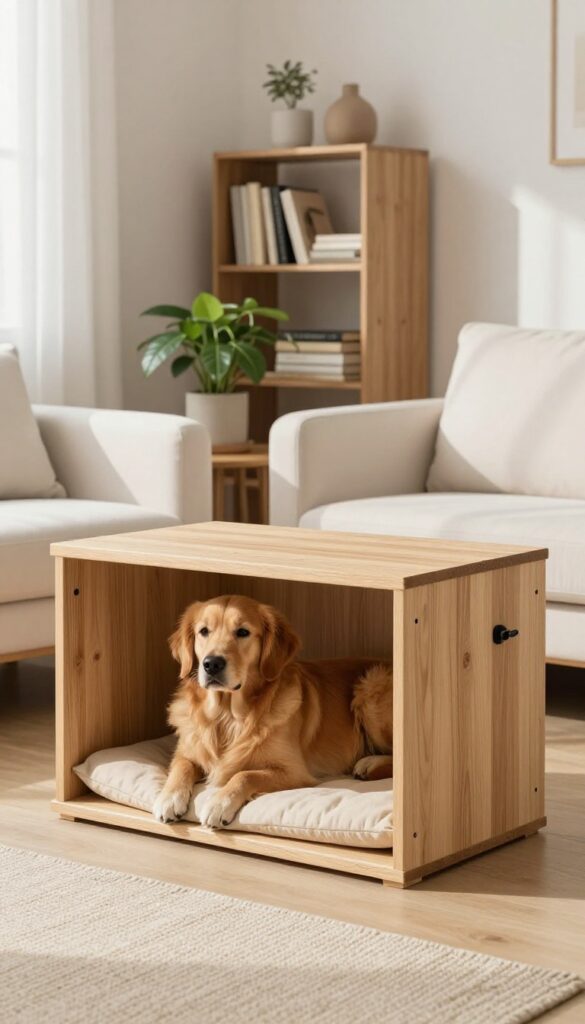 Minimalist wooden dog crate in modern living room with plant and books on top, dog resting inside.
