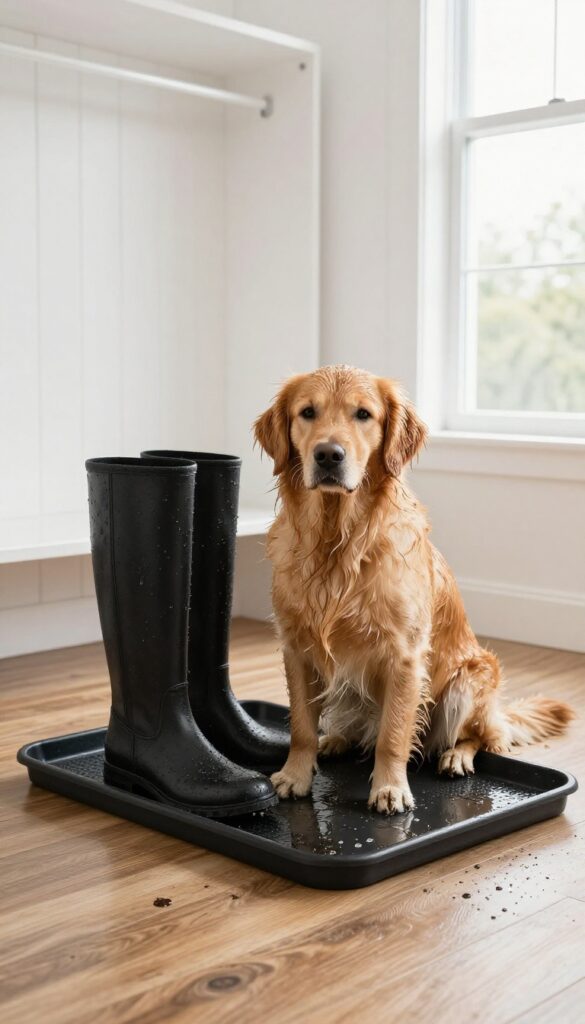 A golden retriever sitting in a boot tray used as a dog bath mat in a mudroom