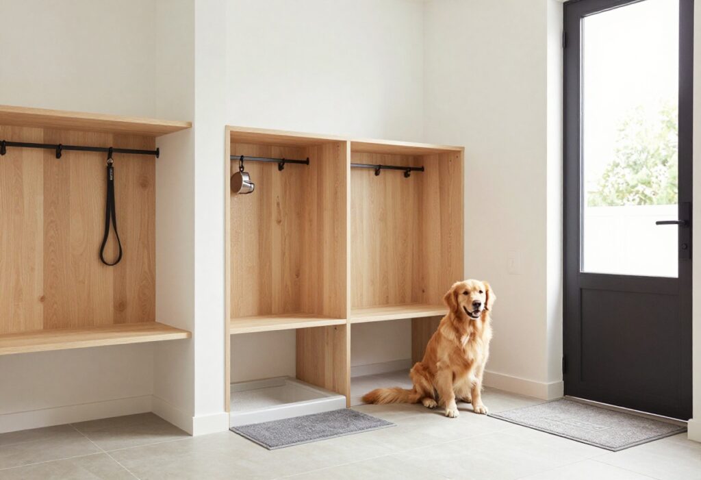 Modern mudroom with built-in dog shower, storage bench, and a golden retriever on a rug