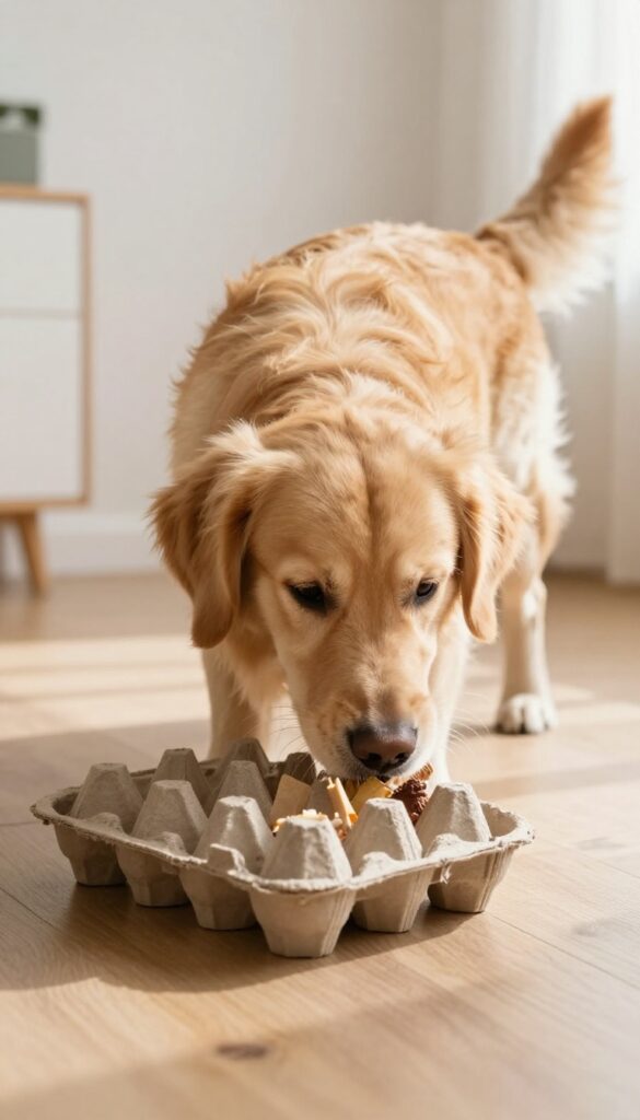 Dog playing scent work game with egg carton treats at home