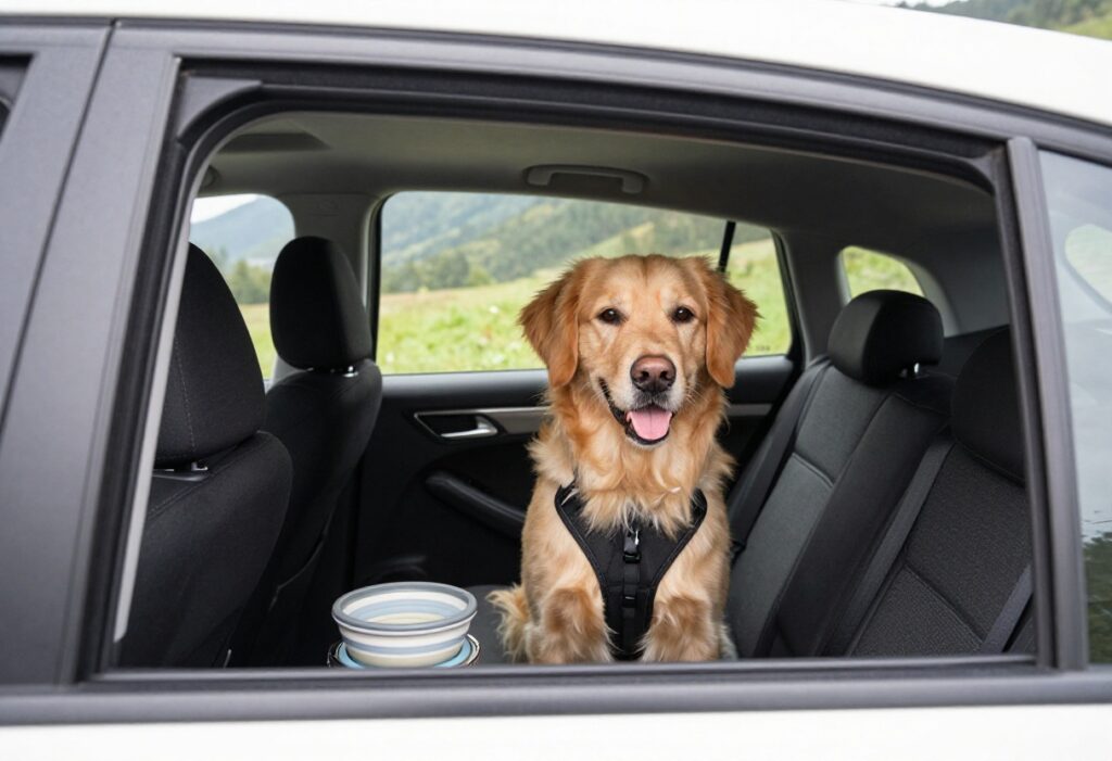 Golden retriever in car with travel accessories