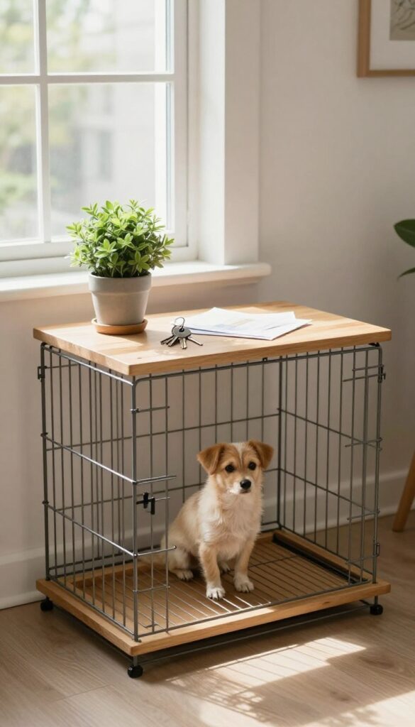Wooden shelf on dog crate holding keys, mail, and a plant in bright room
