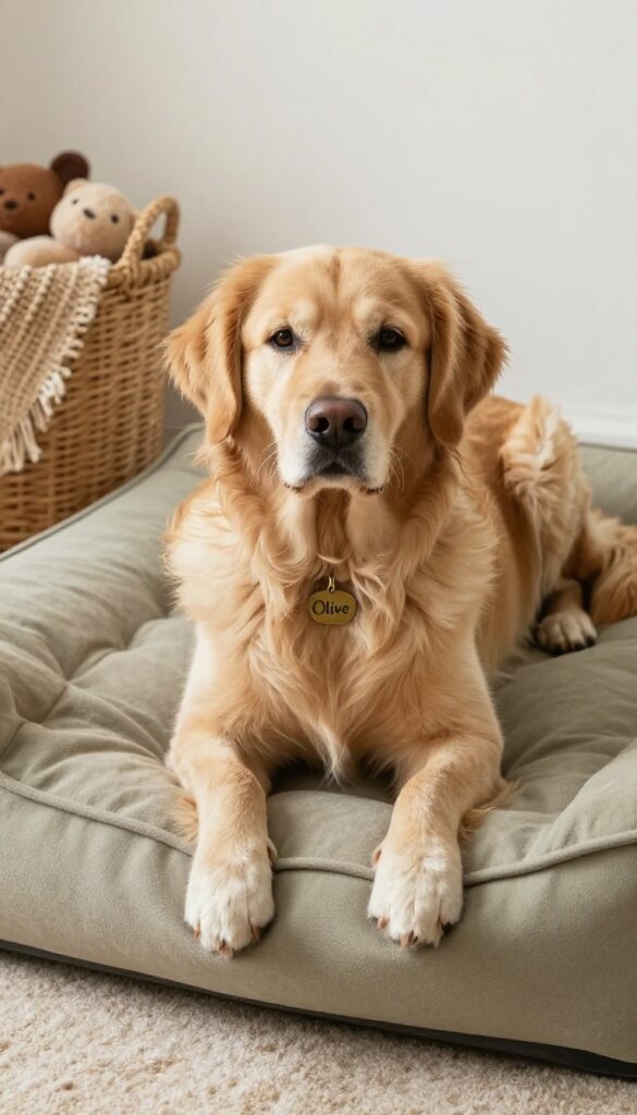 Calm dog named Olive lounging on a beige bed in a cozy corner with woven basket and blanket