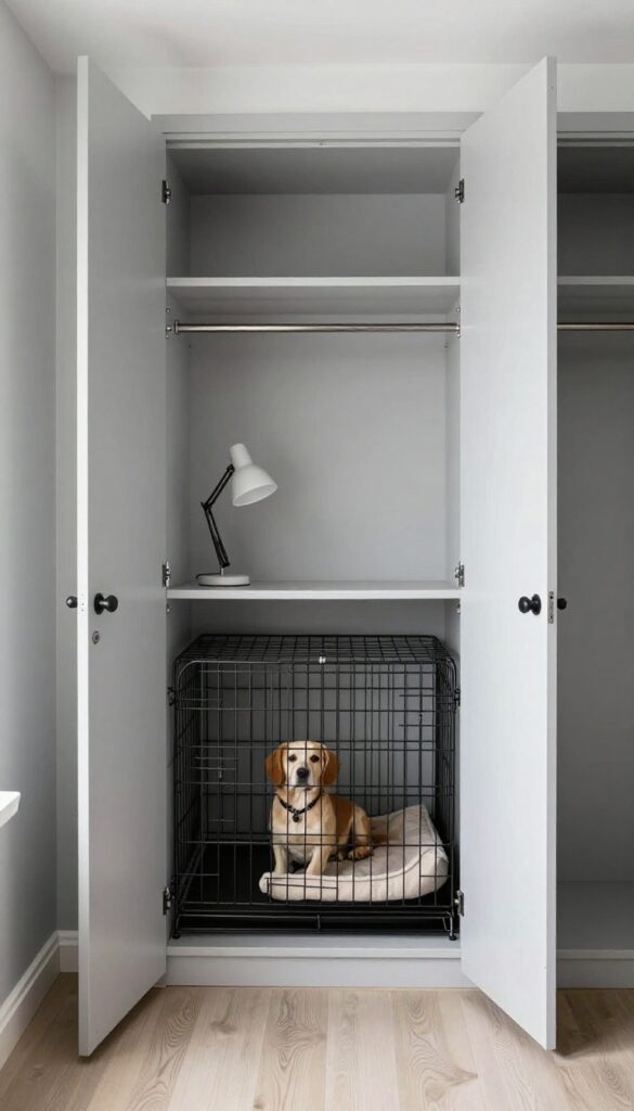 Dog crate inside a closet with soft bedding and lamp, closet doors removed, bright natural light