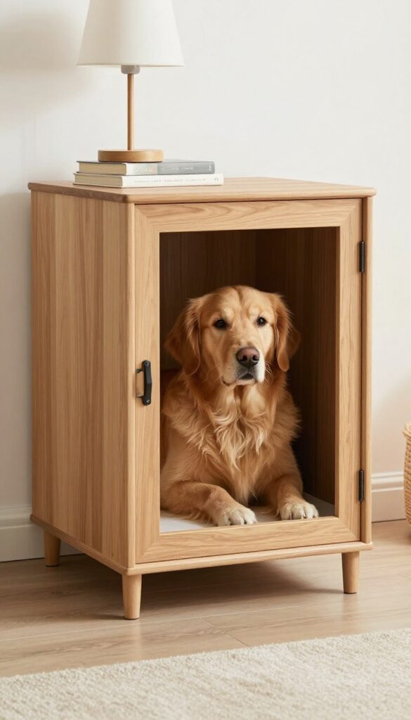 Furniture-style crate end table with a golden retriever inside, styled as a side table with lamp and books in a bright living room.