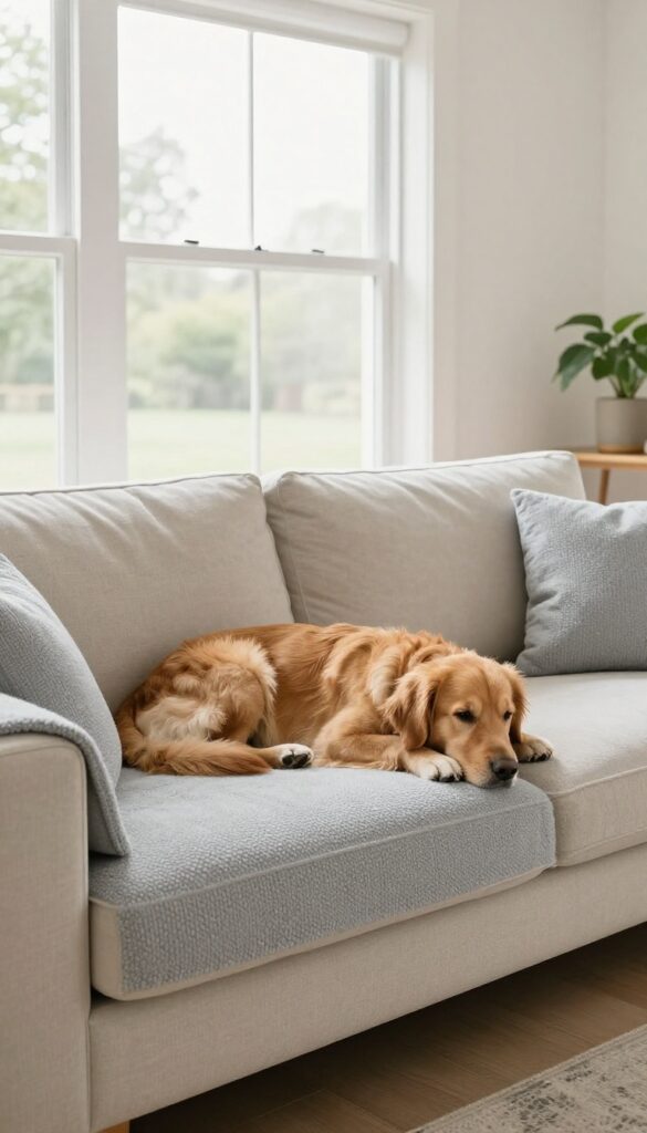 Dog resting on a sofa with a removable, machine-washable cover in a bright, clean living room