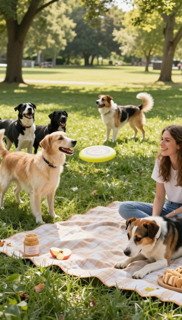 Dogs playing in a sunny park during a casual dog birthday party