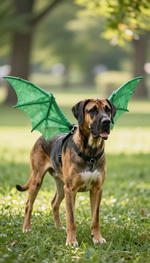Great Dane wearing green dragon wings harness in sunlit park