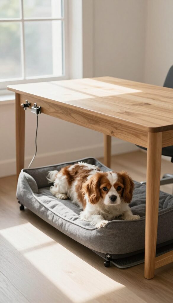 Small dog resting under a desk in a home office, on a cozy bed with managed cables, natural sunlight.