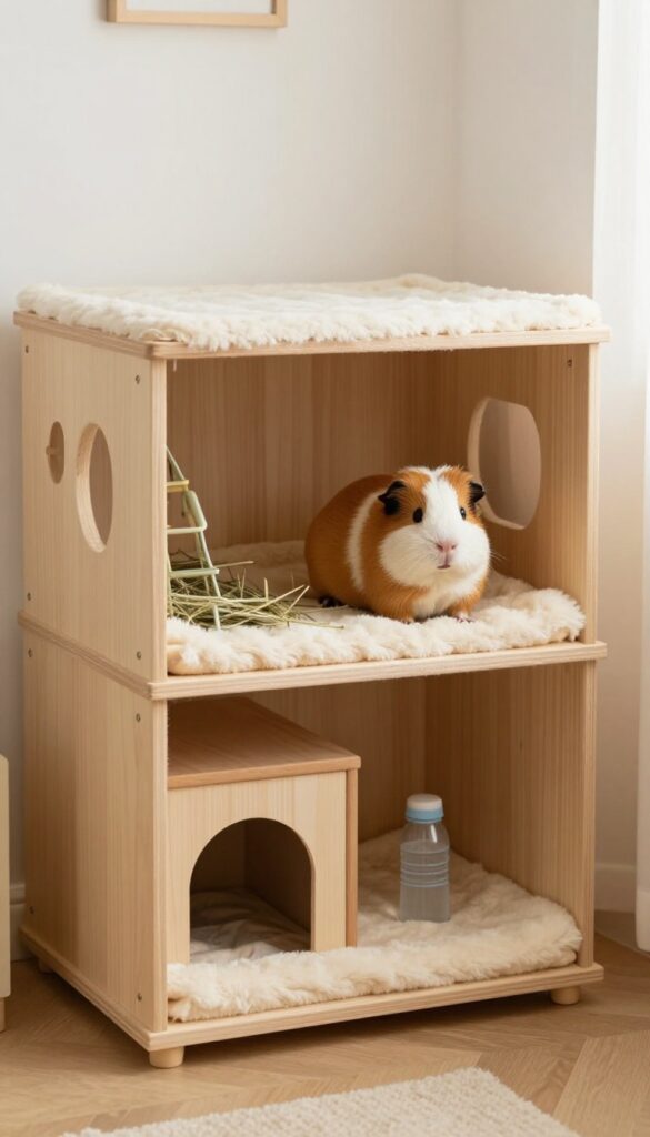 Double-decker guinea pig cage with ramp and cozy bedding in a small apartment corner