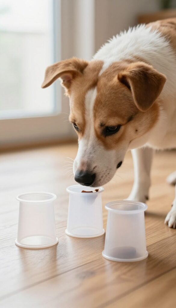 Dog sniffing upside-down cups in a treat-finding game