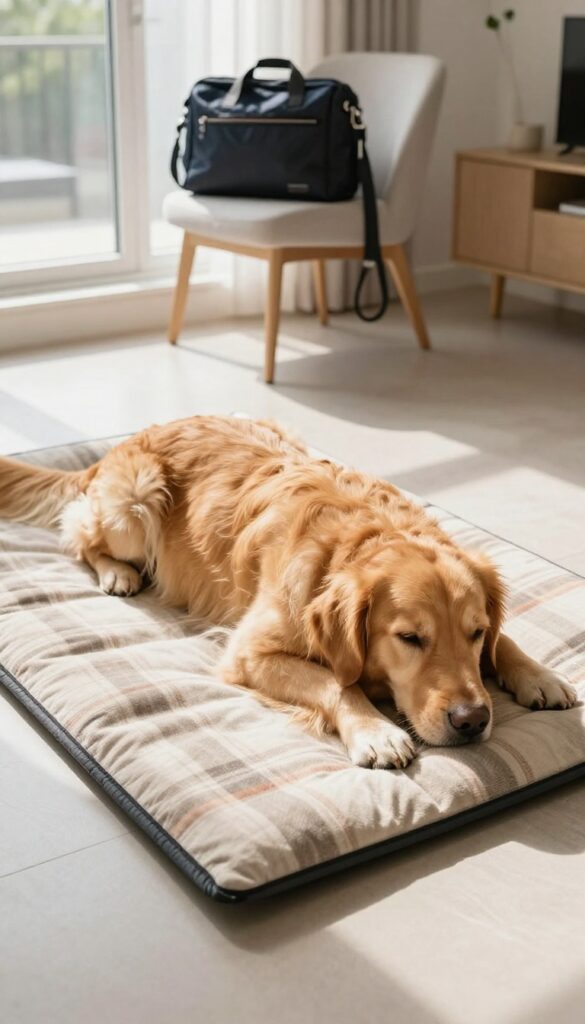 Golden retriever resting on a portable dog travel mat in a sunlit living room, with travel gear in the background