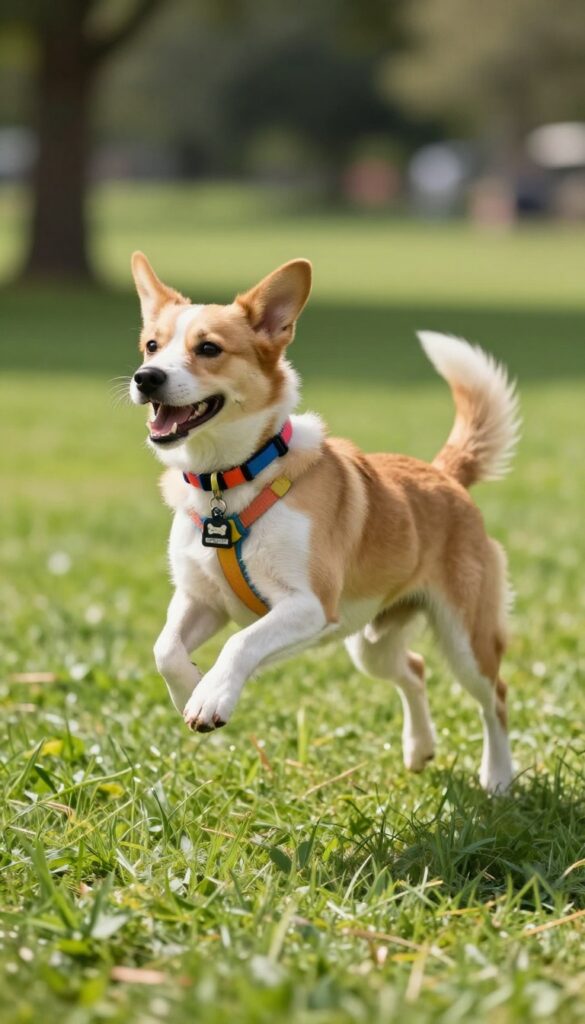Bouncy dog named Ollie leaping in a sunny park with bright collar and bone-shaped name tag