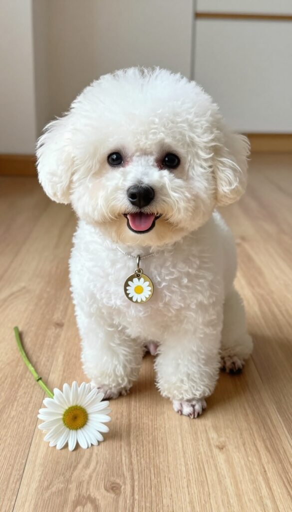 White Bichon Frise puppy with daisy flower and personalized metal tag on sunlit wooden floor