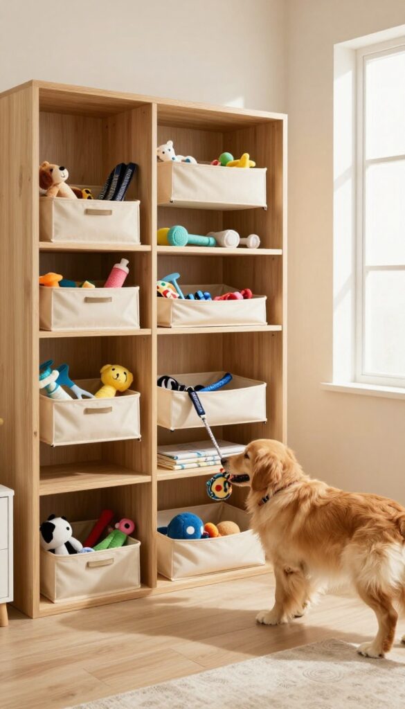 Open storage bins with labeled dog toys and accessories in a bright, organized dog room