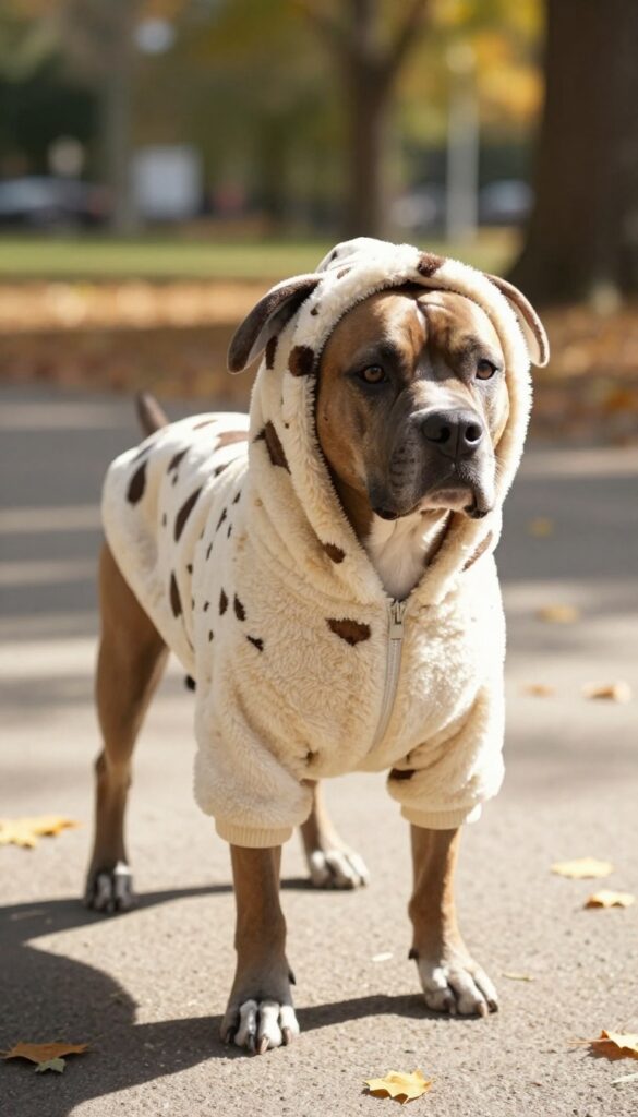Dog wearing cow print hoodie with ears on hood in autumn park