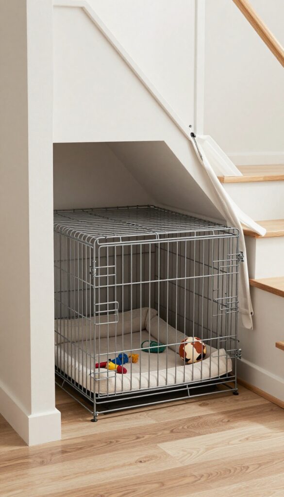 A minimalist wire crate inserted under stairs in a modern home, with a curtain and cozy dog bed.