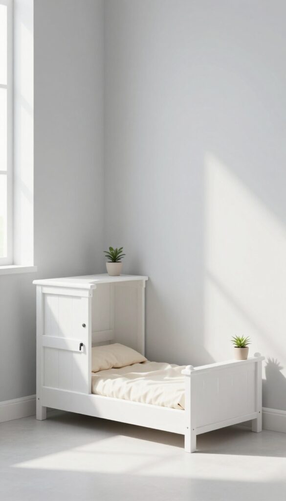 Minimalist white wood dog kennel in bright living room with plant on top
