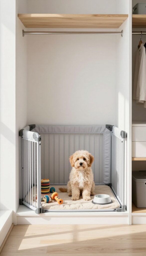 Collapsible playpen set up inside a bright closet with a puppy playing on a mat.