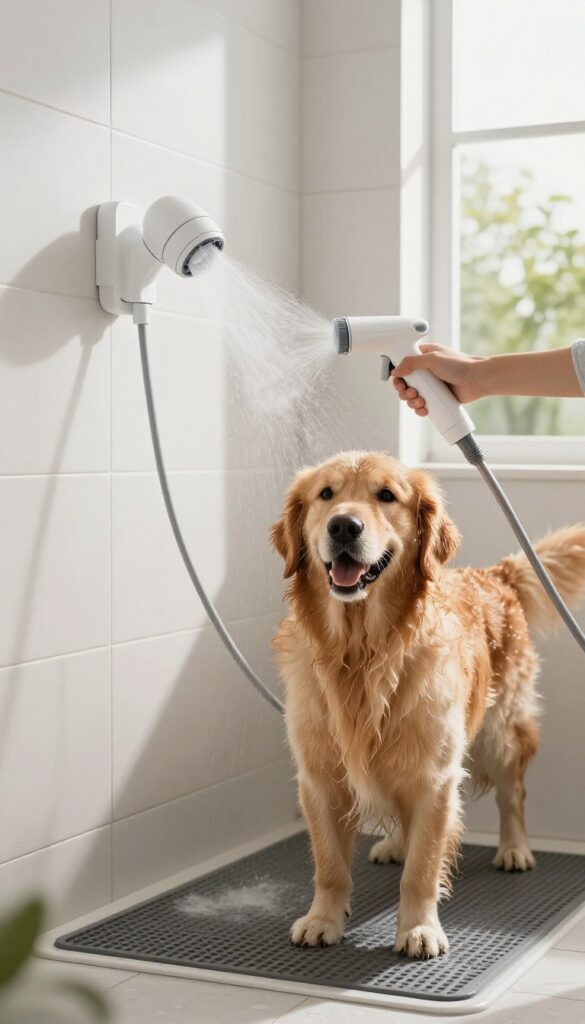 A person using a multi-function sprayer with shampoo dispenser to wash a golden retriever in a laundry room dog shower.