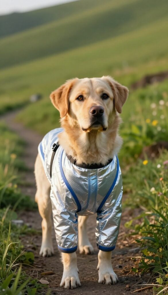 Dog wearing an astronaut suit with reflective strips on a hiking trail