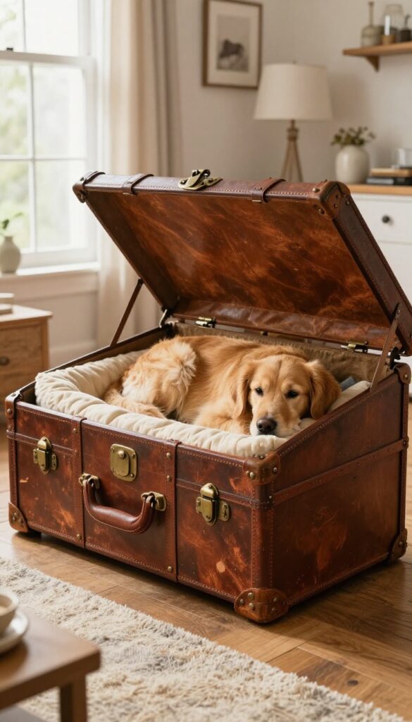 A vintage trunk dog bed with a golden retriever inside, styled in a farmhouse living room