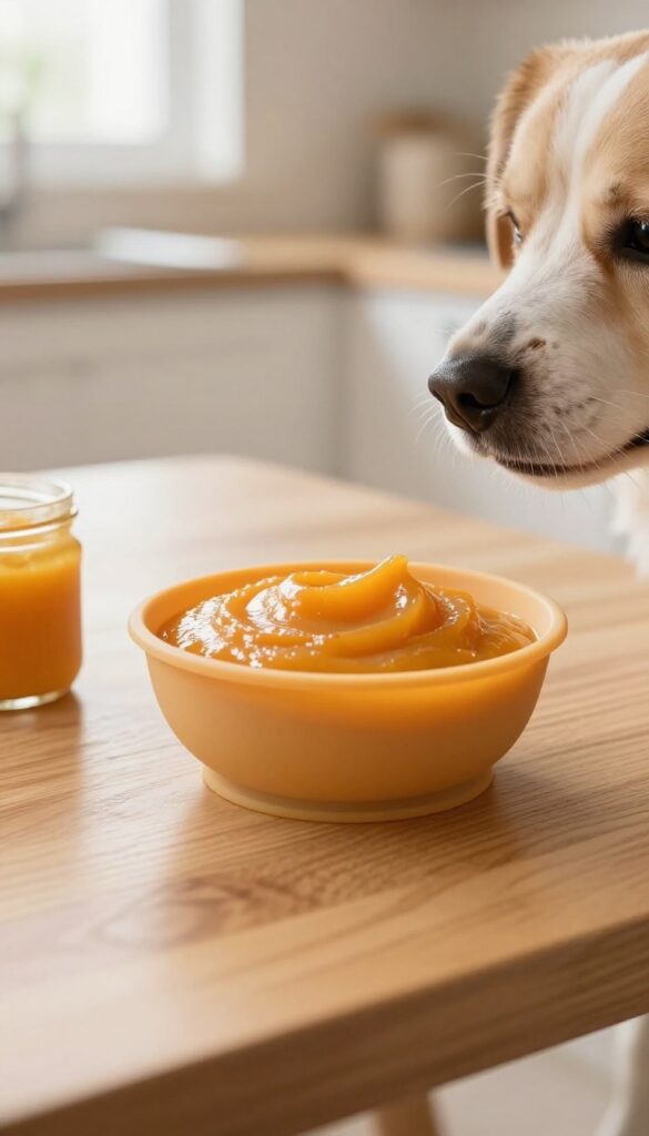 Baby food lick bowl for dogs with pureed pumpkin or sweet potato, jar beside it, dog sniffing, photorealistic lifestyle photography
