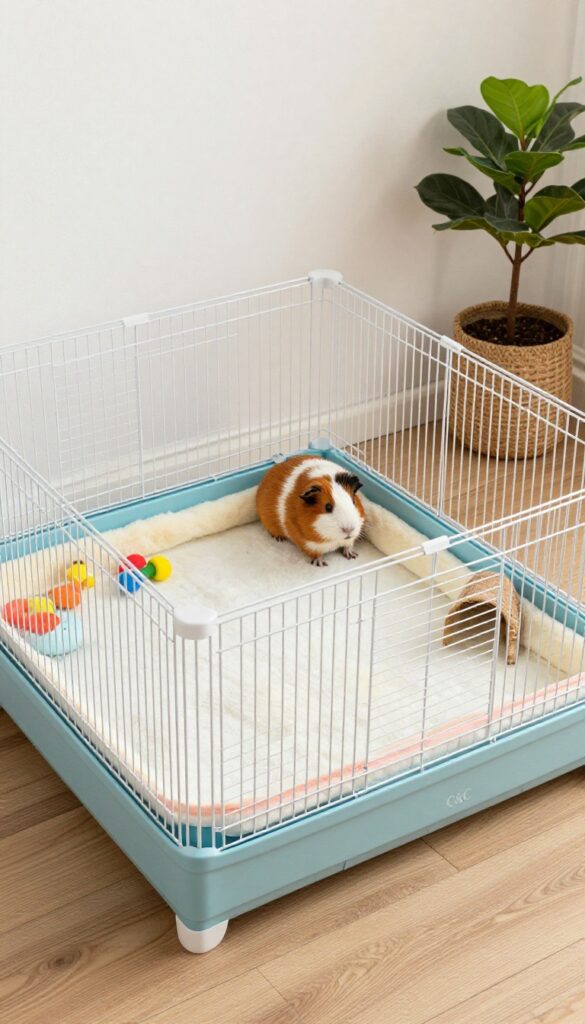 Classic C&C guinea pig cage with coroplast base and fleece liners in a cozy pet corner