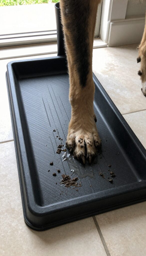 Close-up of a muddy dog paw stepping onto a heavy-duty boot tray with raised edges, placed on a tile floor in a bright entryway.