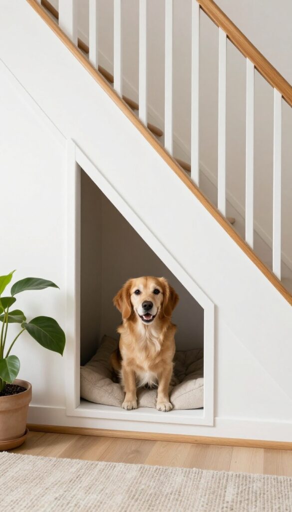 Cozy under-stairs dog house with window cutout, dog peeking out, bright natural light, modern interior