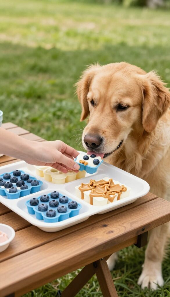 A dog licking a frozen treat from a colorful ice cube tray on a wooden table in a sunny backyard.