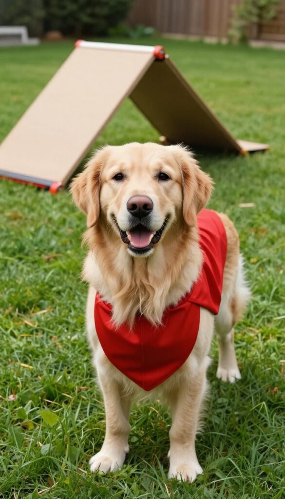 Golden retriever wearing red superhero cape in backyard with agility course