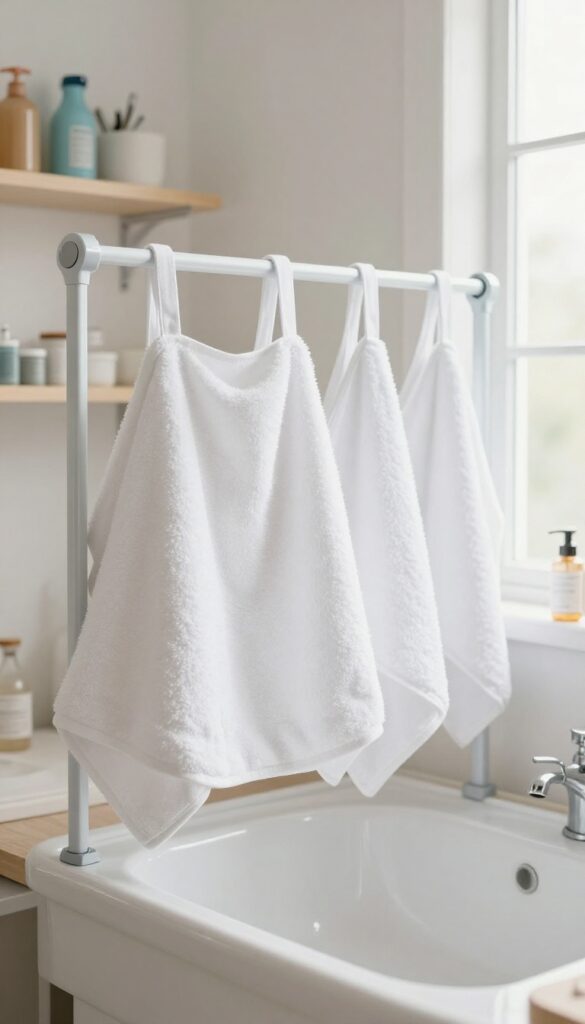A hanging drying rack with towels and a grooming apron in a bright, clean dog grooming room