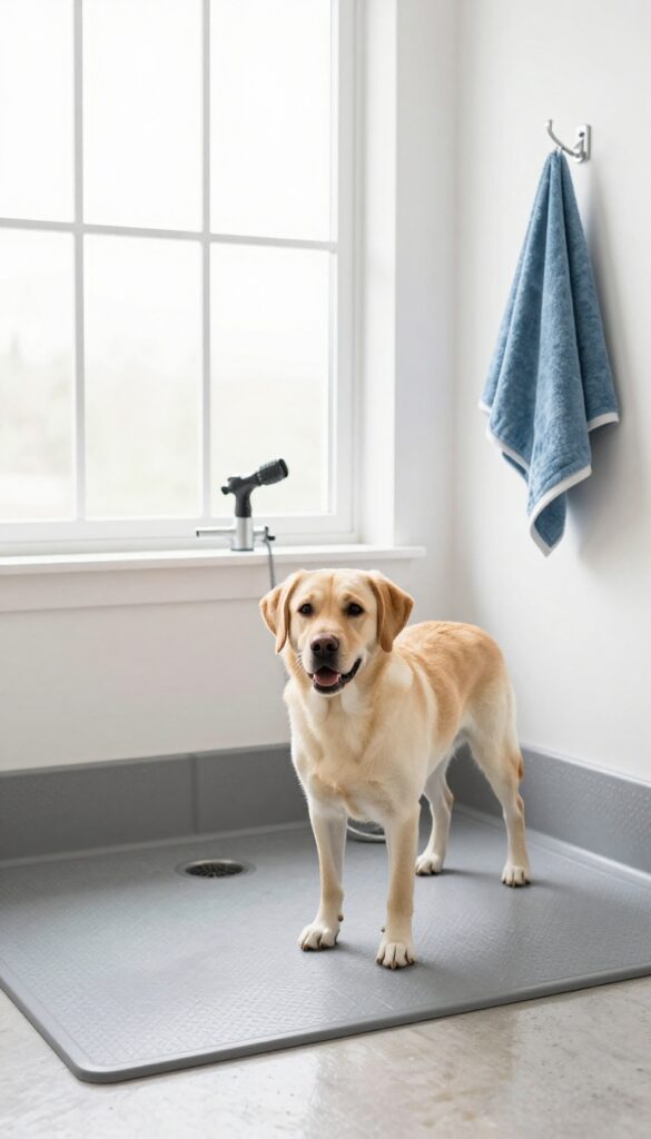 Raised dog wash station in a mud room with a Labrador standing on a non-slip mat, natural light, clean and bright.