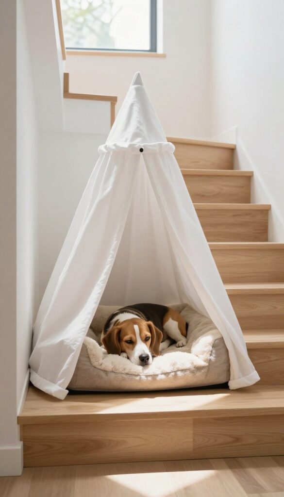 Cozy under-stair dog den with bed and curtain, small dog sleeping inside