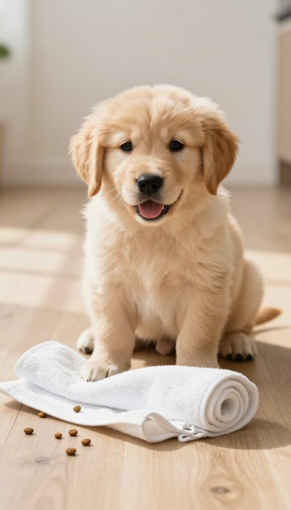 Golden retriever puppy unrolling a towel to find kibble treats on a wooden floor