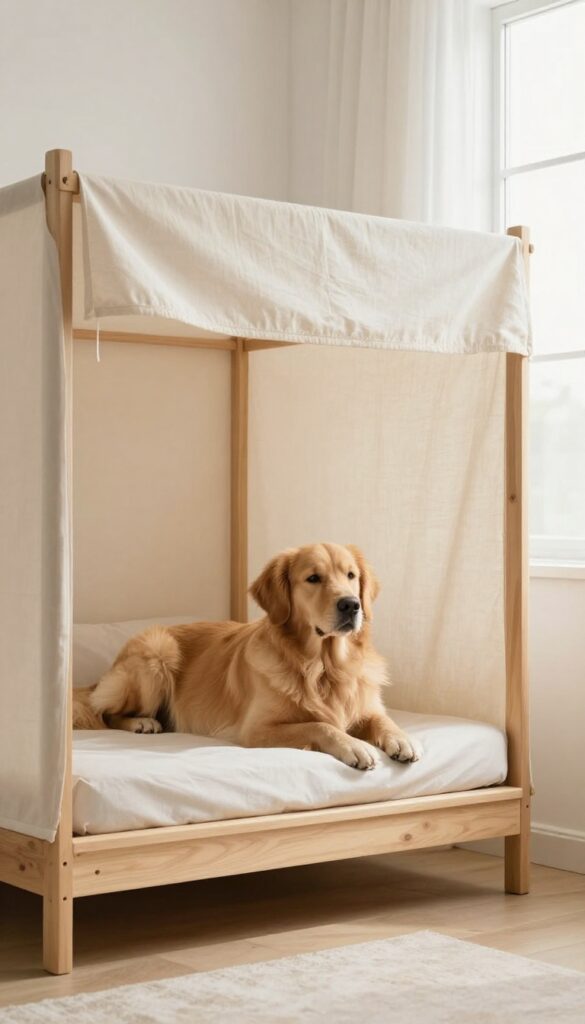 Dog resting on a raised corner platform with a canopy in a bright living room